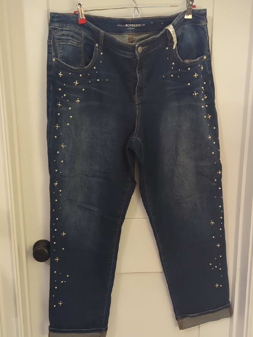 Chico's Navy Boyfriend Jeans with Pearl & Stud Embellishments